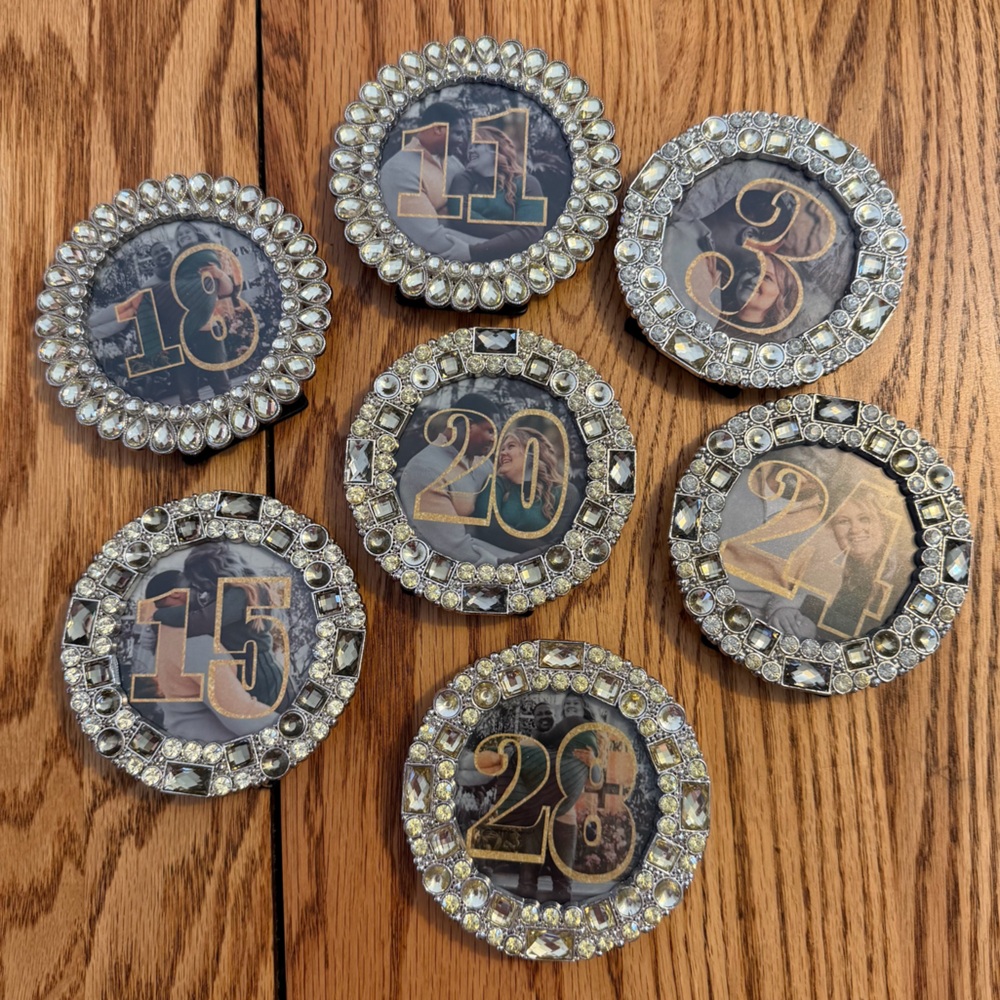 Lot of 7 - Rhinestone Round 3x3 Picture Frames, Glam Jewel Wedding Decor